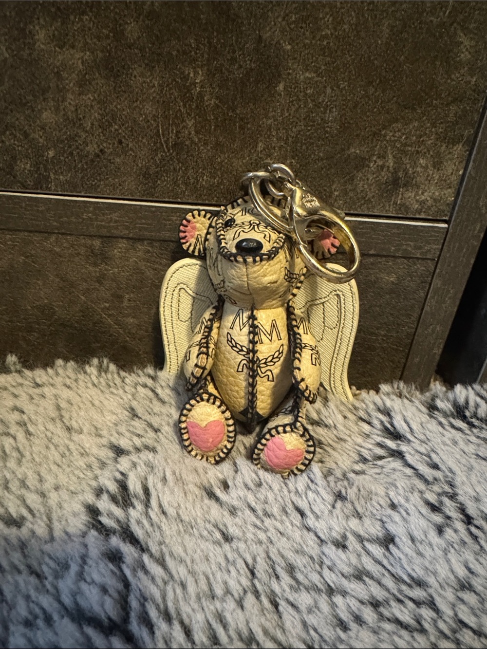 MCM Cream Leather Angel Bear Key Chain Charm with Pink Paw Accents